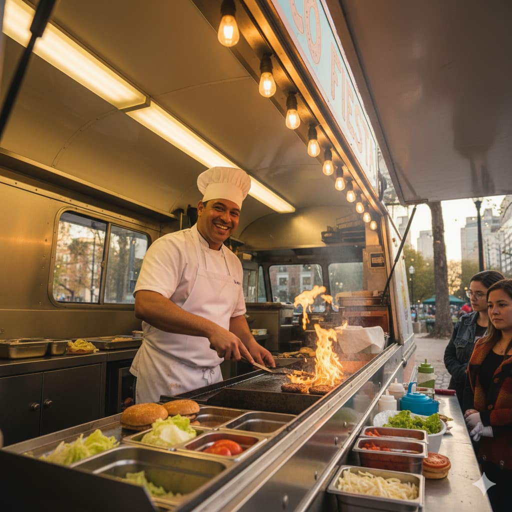 Food truck chef cooking