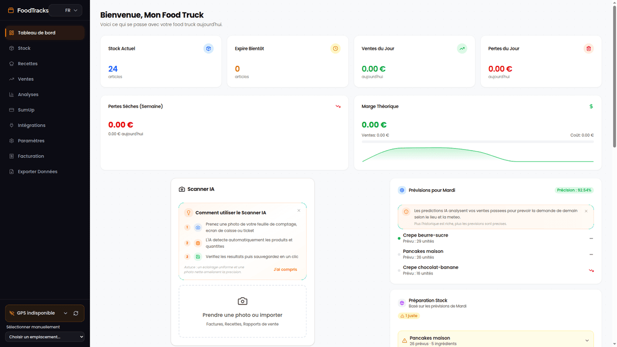 FoodTracks tableau de bord gestion food truck